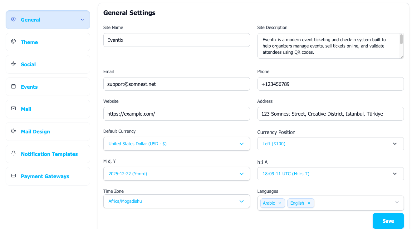 Eventix General Settings Configuration